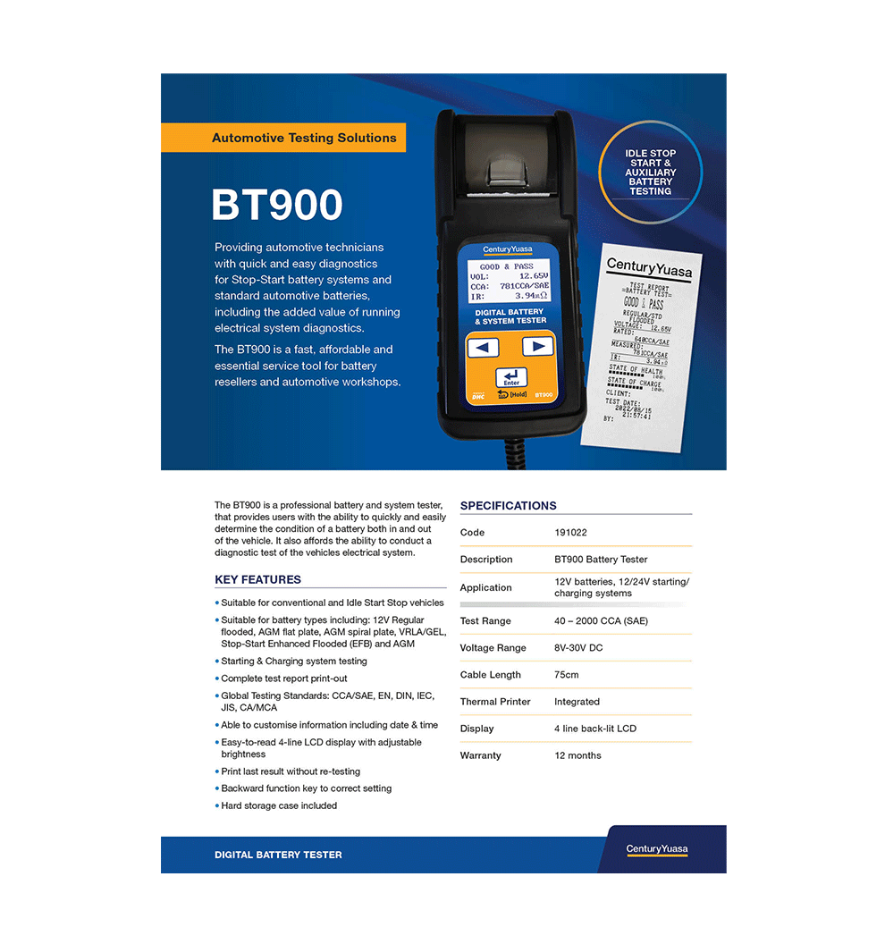 Century Yuasa BT900 Tester Product Flyer - Pack of 5 - CB103-3248