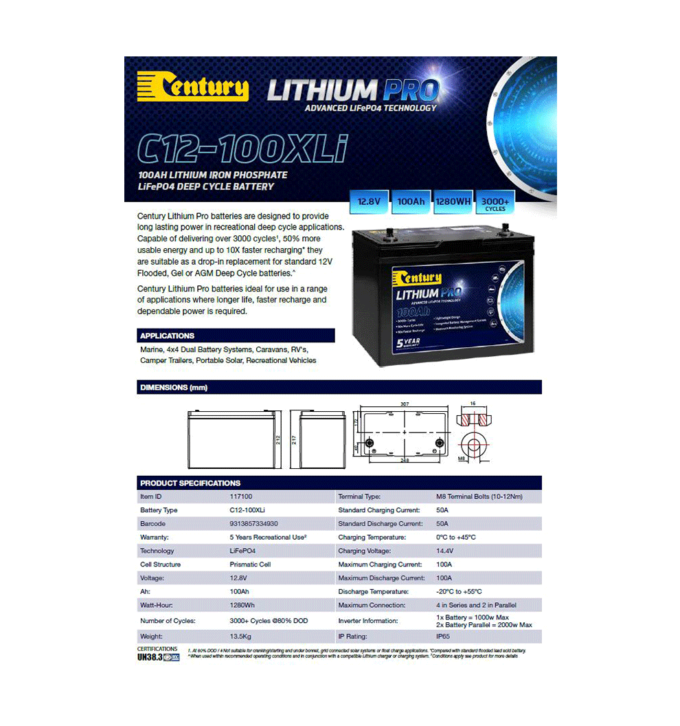 Century C12-100XLi Lithium Pro Spec Sheet - Pack of 5 - CB109-3135b