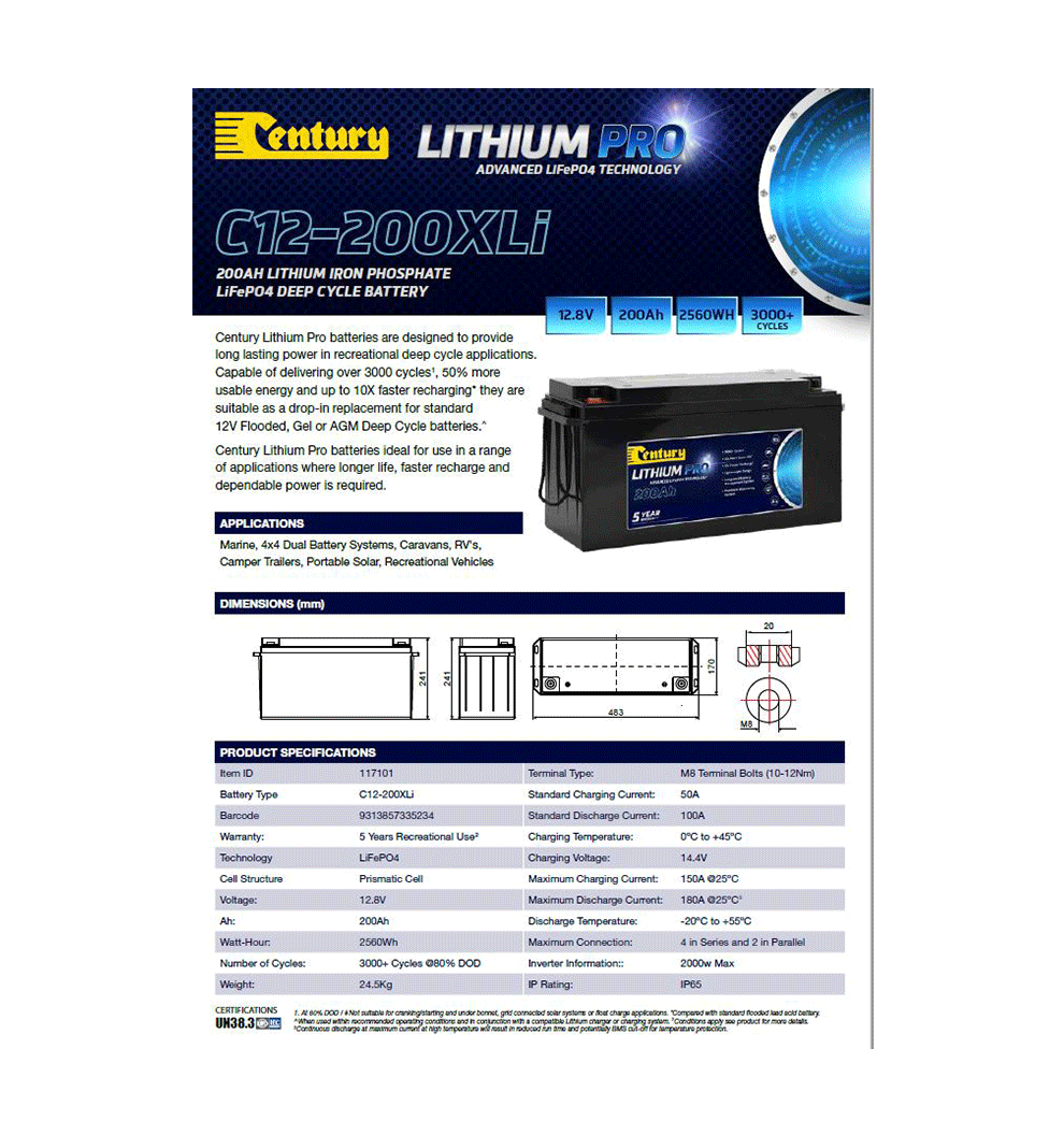 Century C12-200XLi Lithium Pro Spec Sheet - Pack of 5 - CB109-3207a