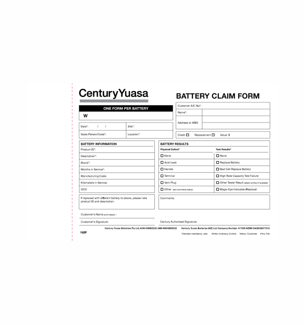 Single Warranty Claim Book - Pack of 5 - CEN020-160F