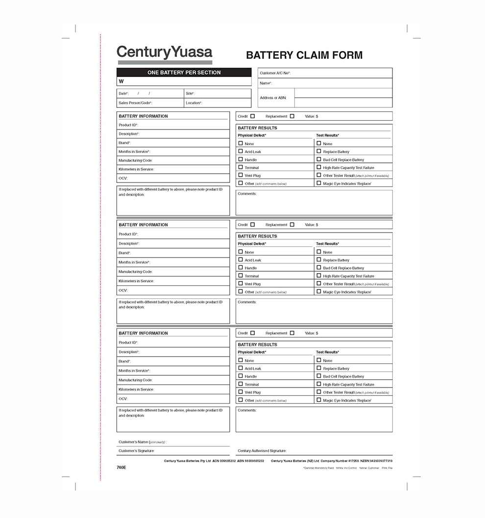 Century Yuasa Battery Claim Form - Pack of 5 - CEN020-740E