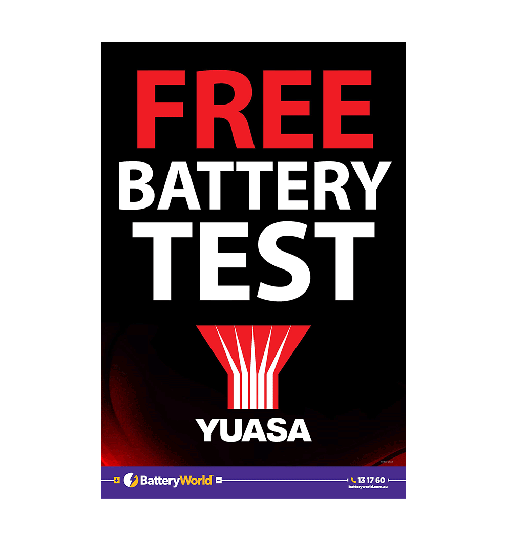 YUASA 'Free Battery Test' Corflute Sign (600mm x 900mm) - Pack of 5 - YU104-2505