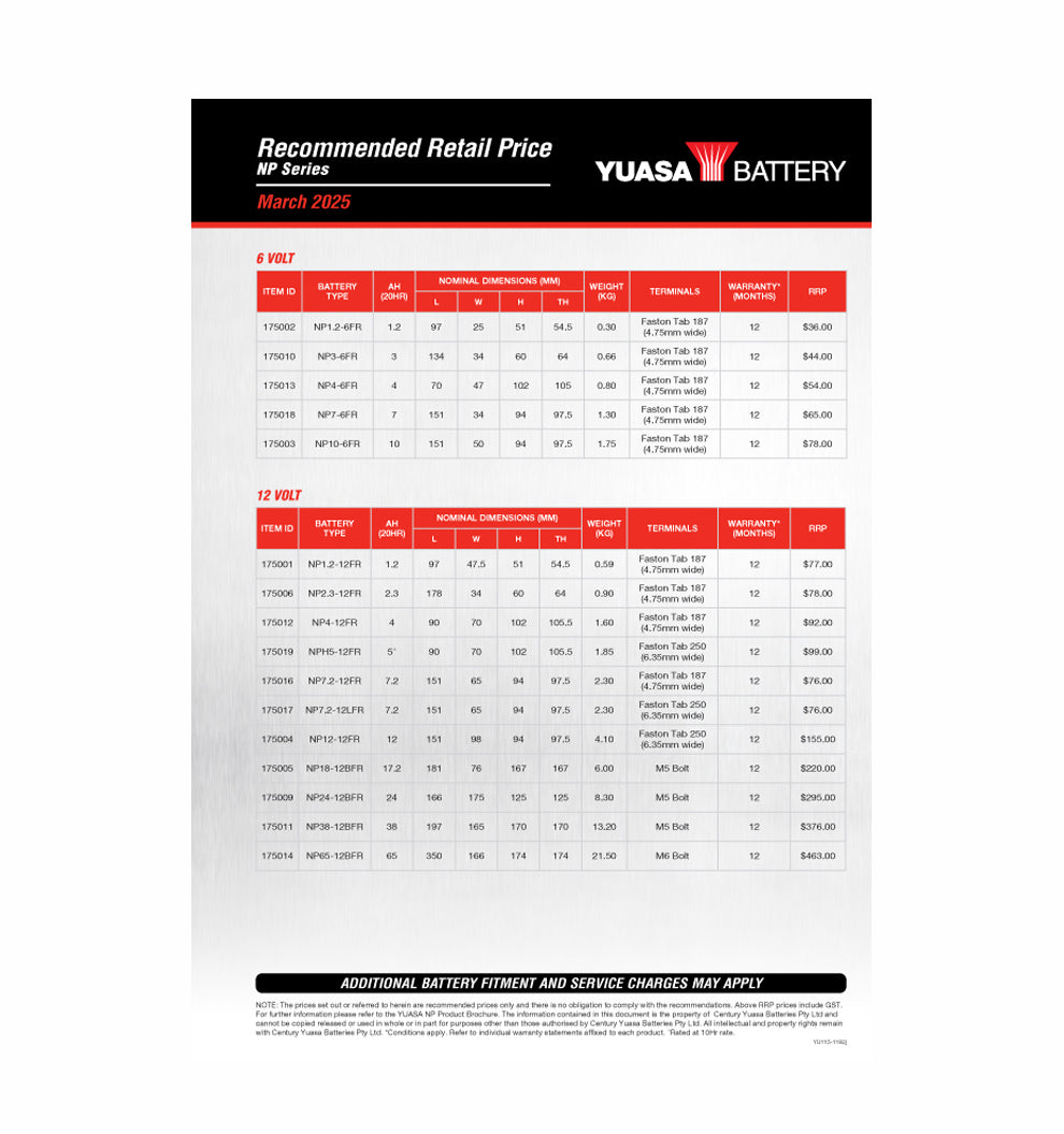 Yuasa NP Series RRP Mar 2025 - Pack of 5 - YU115-1182j