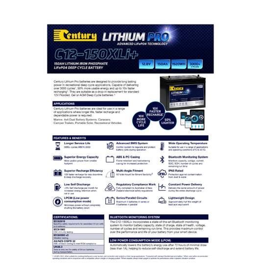 C12-150XLi+ Lithium Gen2 Spec Sheet - Pack of 5 - CB105-3601
