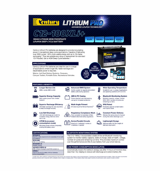 C12-100XLi+ Lithium Gen2 Spec Sheet - Pack of 5 - CB105-3626a