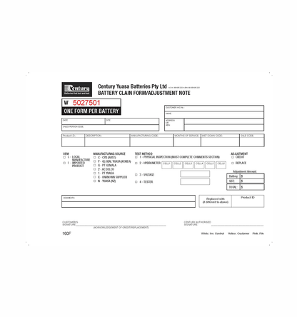 Single Warranty Claim Book - Pack of 5 - CEN020-160F